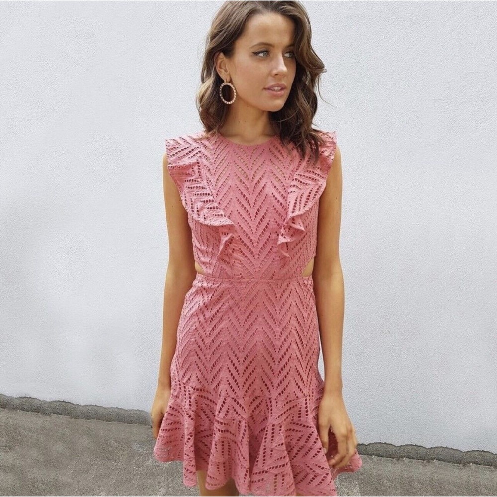 Revolve Bardot Aria Eyelet Cutout Short Dress Ruffle Moroccan Rose US S Uk10 - Picture 5 of 16